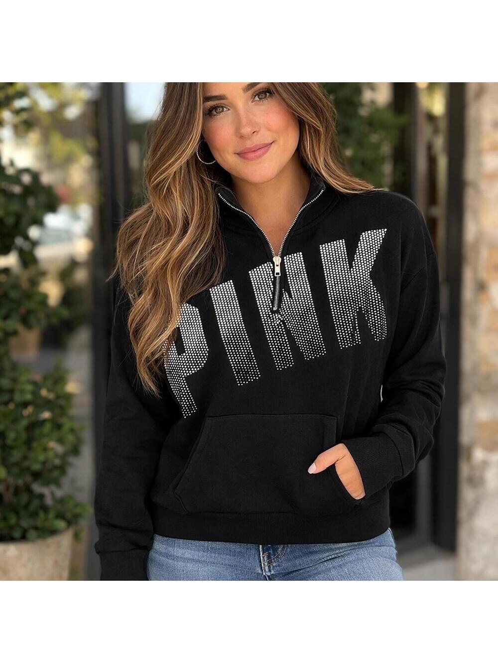 PINK Victoria’s Secret Black Quarter Zip Sweatshirt Women’s Medium Logo Pullover